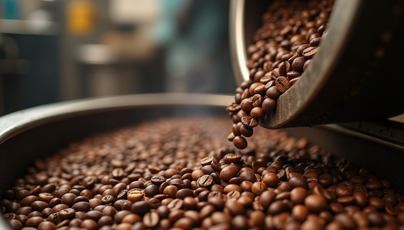 Roasted coffee beans pouring into a metal roasting drum, glossy and dark brown