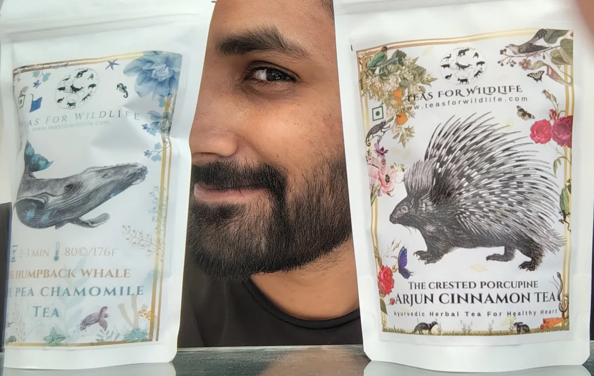 Two Teas for Wildlife pouches held up, Arjun Cinnamon with crested porcupine art and a humpback whale chamomile pack
