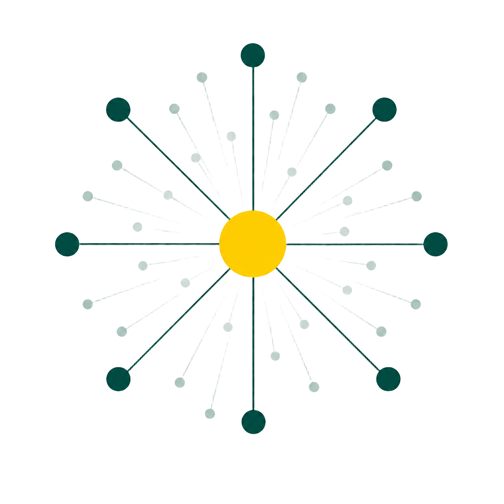 Diagram with a central clock icon connected by lines to four curved paths branching out on each side.