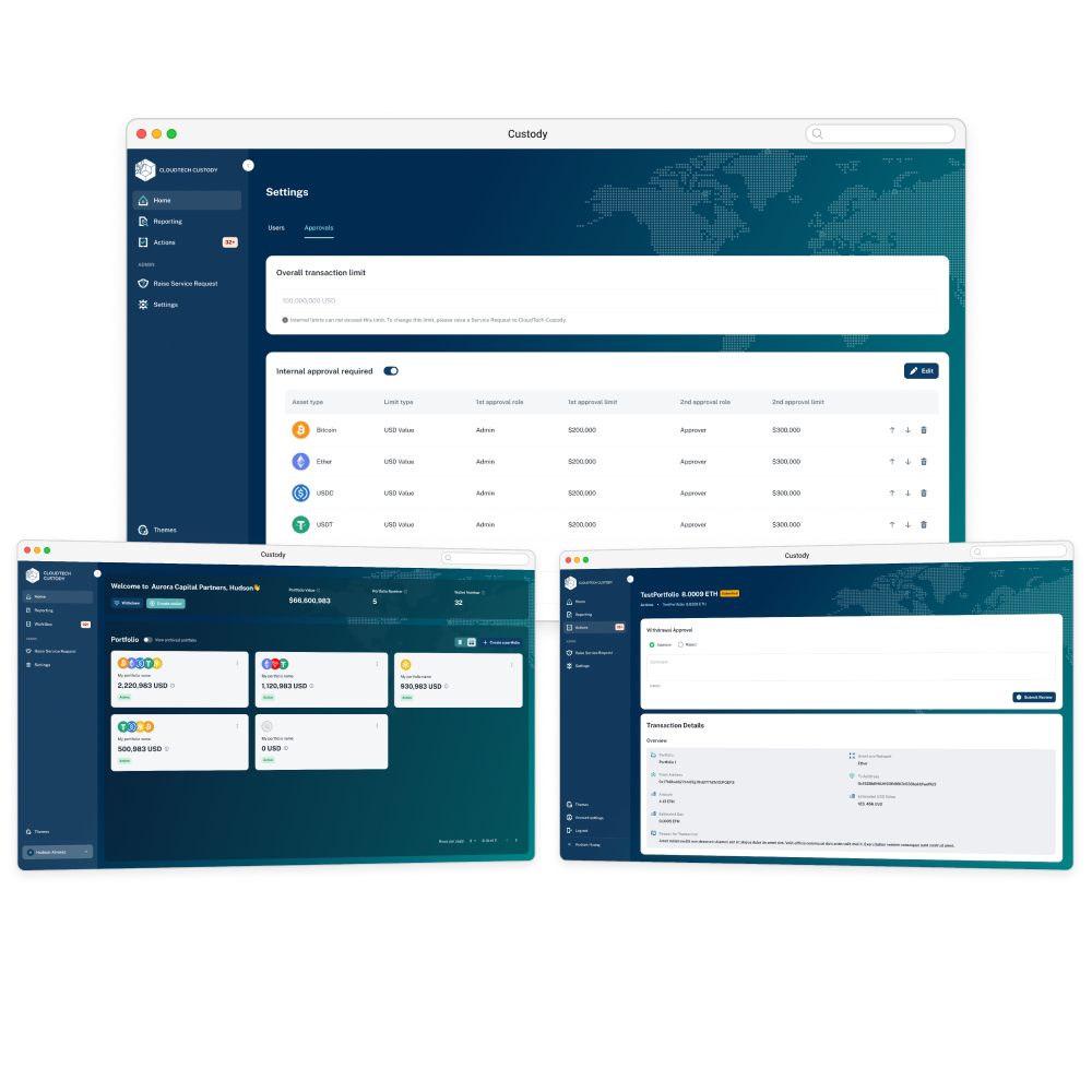Stacked custody portfolio cards showing digital asset holdings