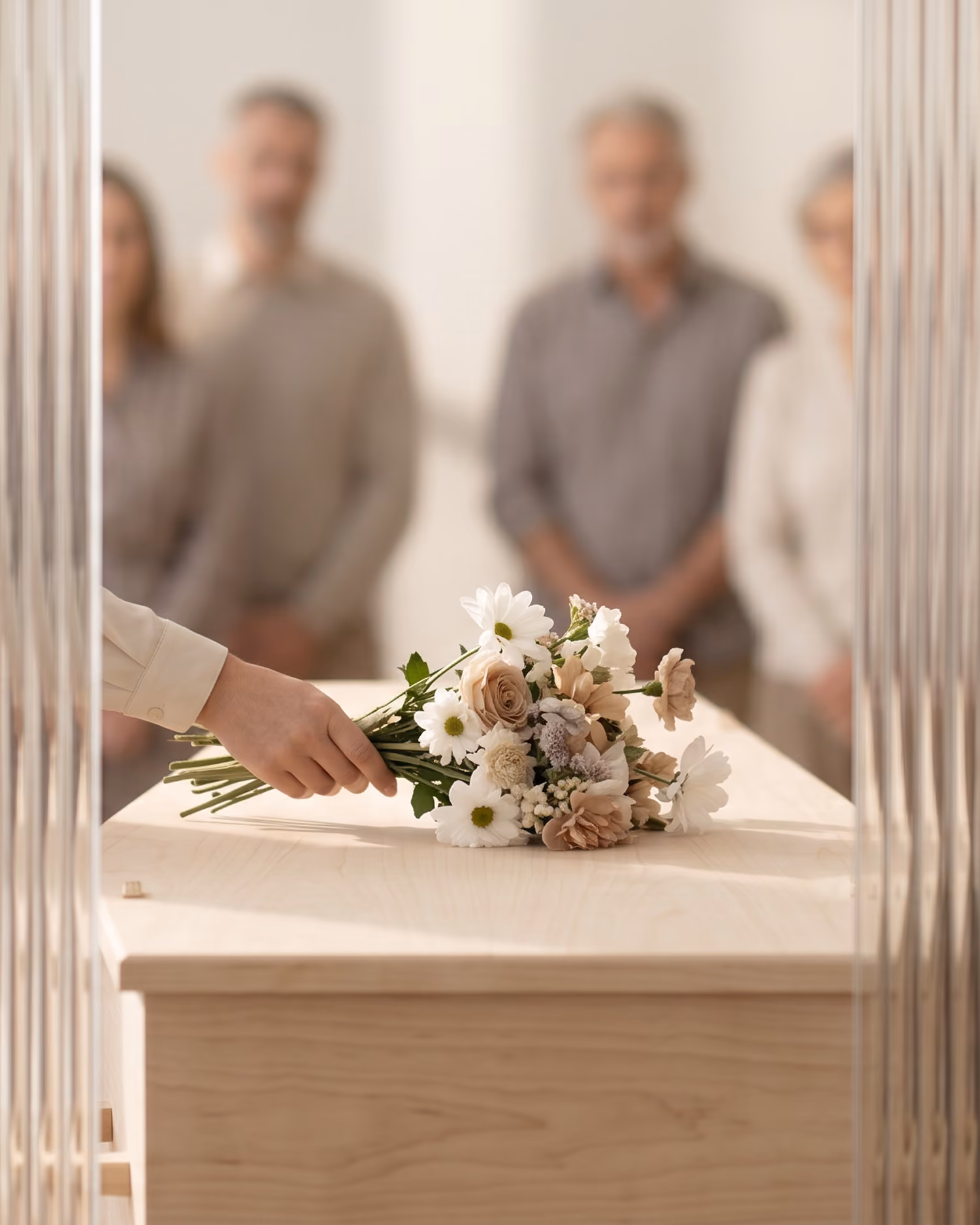 Ruka pokládá květiny na dřevěný rakve, za ním stojí rozmazaní čtyři truchlící lidé.