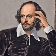 Portrét Williama Shakespeara v dobovém oblečení s rukou opřenou o hlavu.
