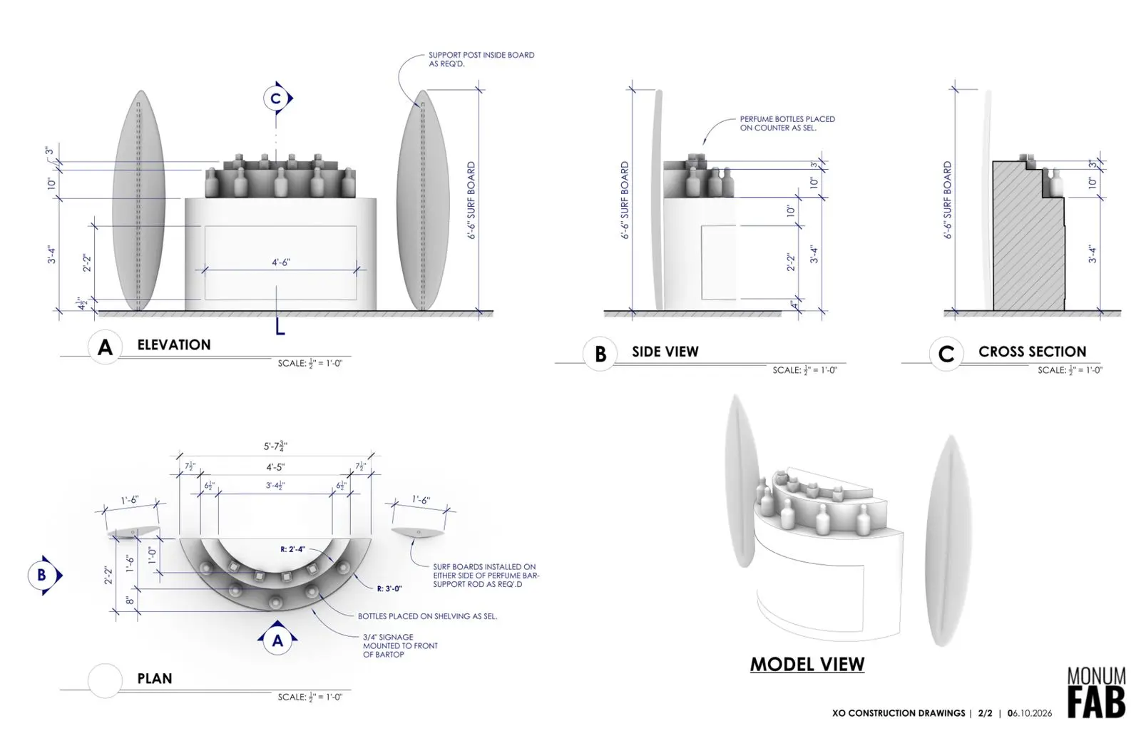Shop drawing of the XO Blue perfume bar in plan view