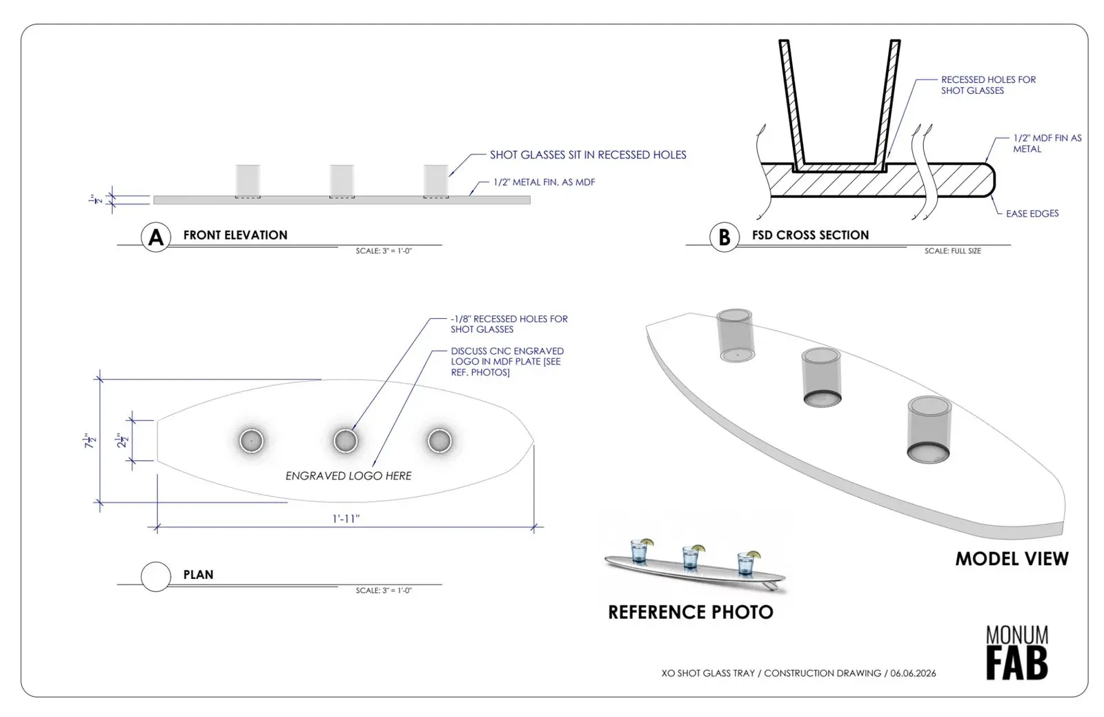Shop drawing of the custom shot glass tray