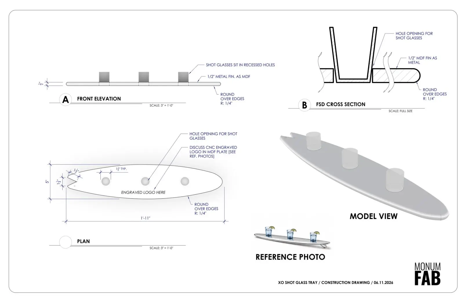 Shop drawing of the custom shot glass tray, detail view