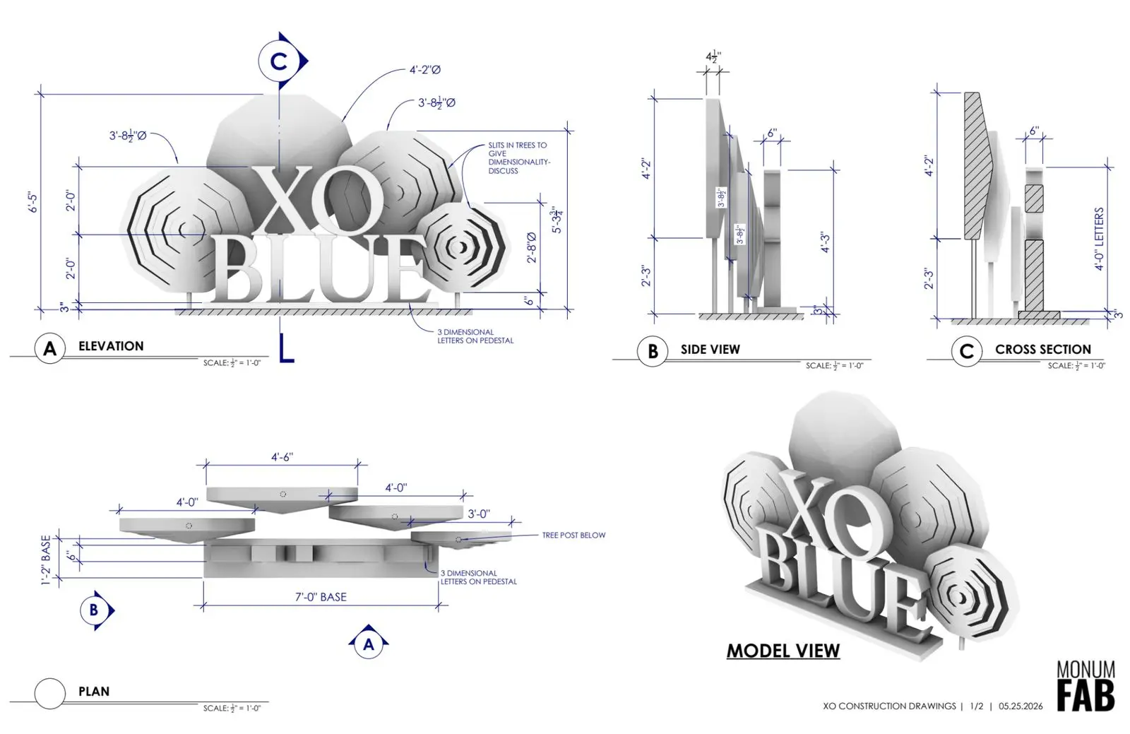 Shop drawing of the XO Blue dimensional lettering and umbrella sculptures