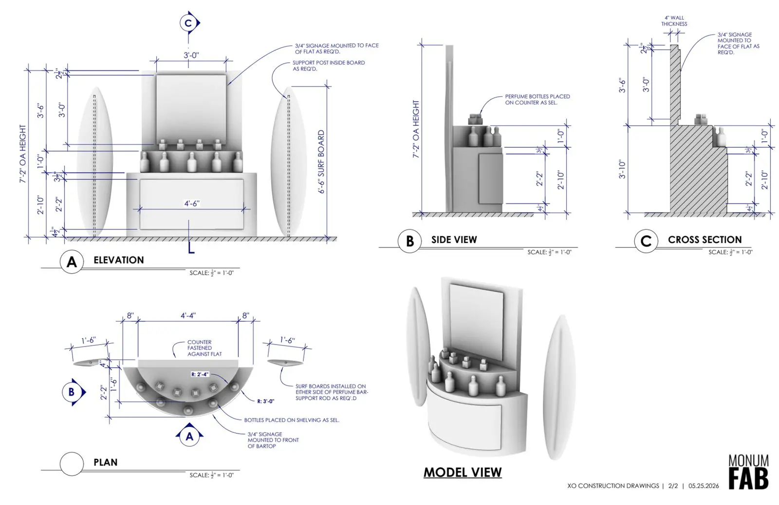 Shop drawing of the XO Blue perfume bar, elevation and cross section