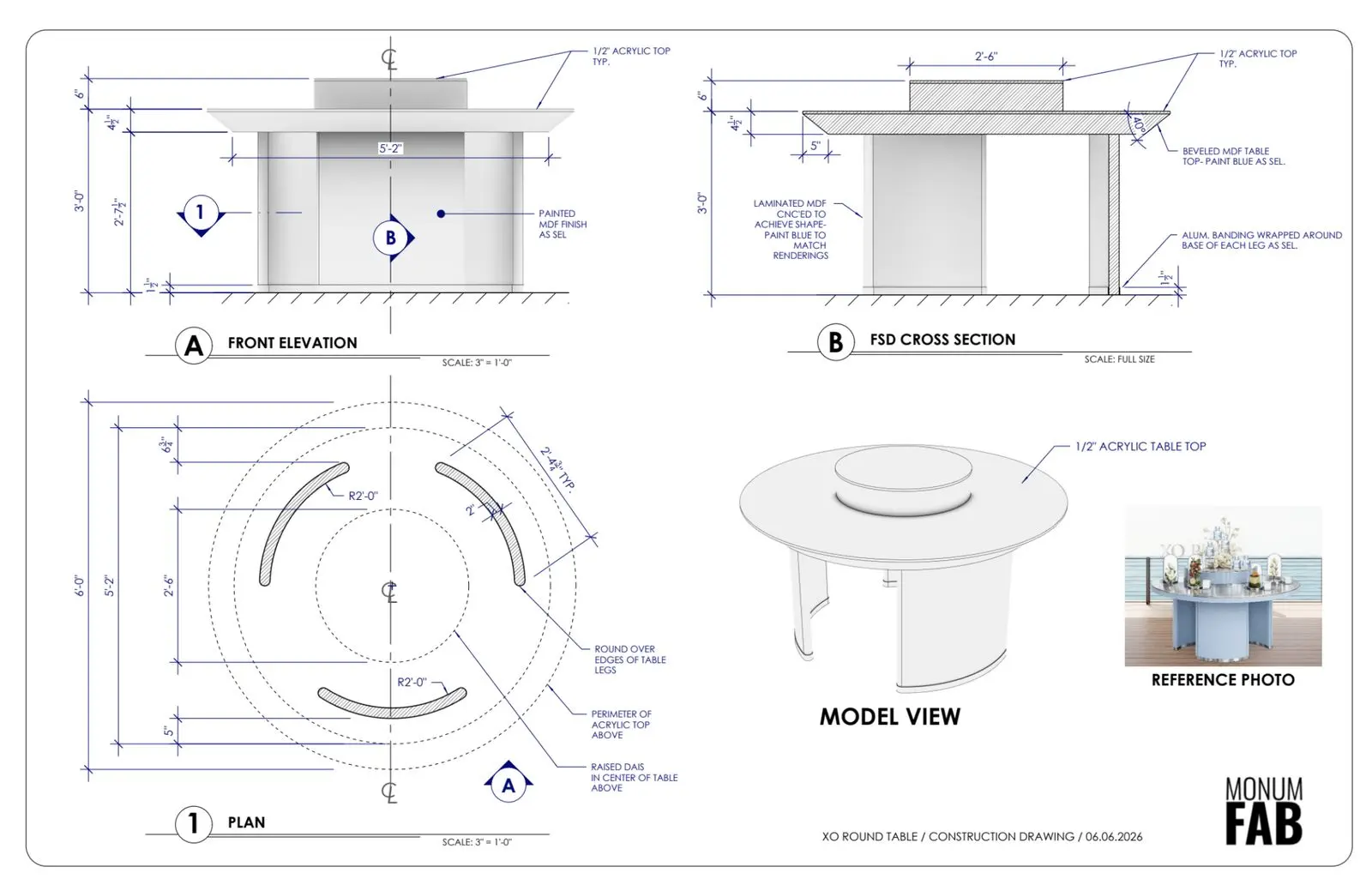 Shop drawing of the round cocktail table built for the XO Blue launch