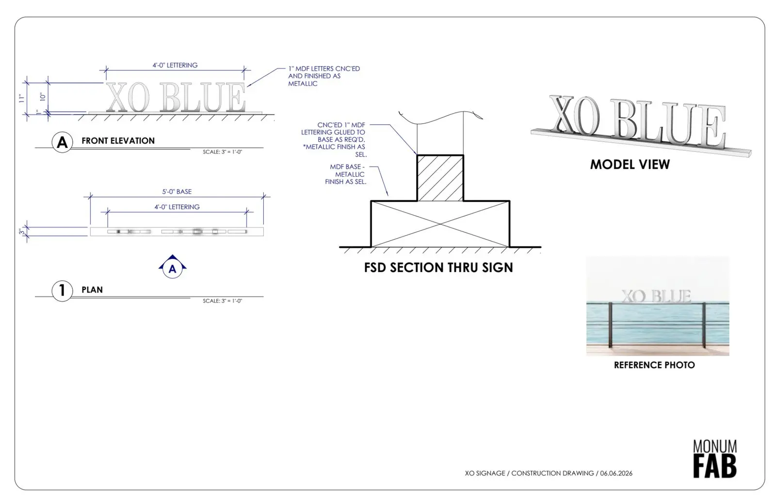 Shop drawing of the XO Blue signage