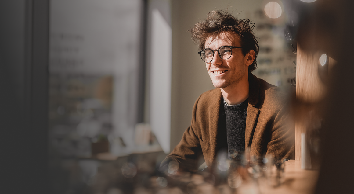 Smiling man with glasses wearing a brown jacket sitting near a window with sunlight on his face.