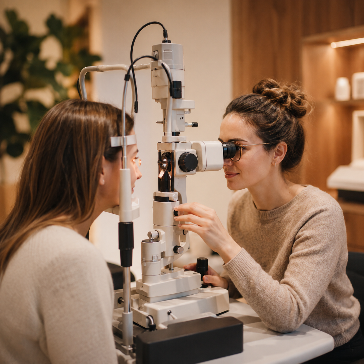 Optometrist using a slit lamp to examine a patient's eyes in an eye clinic.