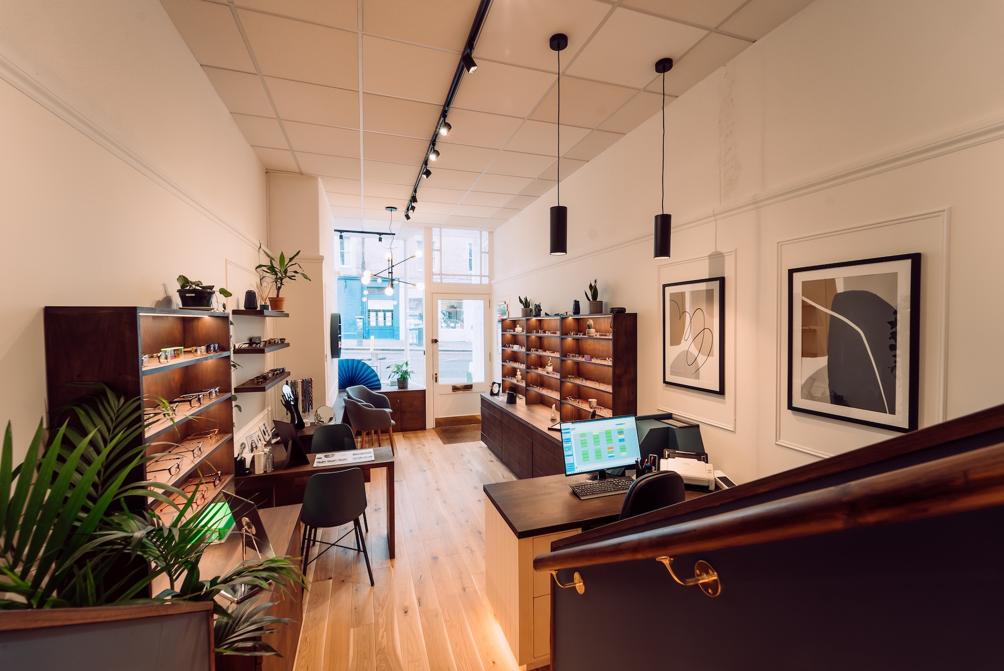 Modern eyewear store interior with shelves of glasses, wooden floor, plants, and a reception desk.