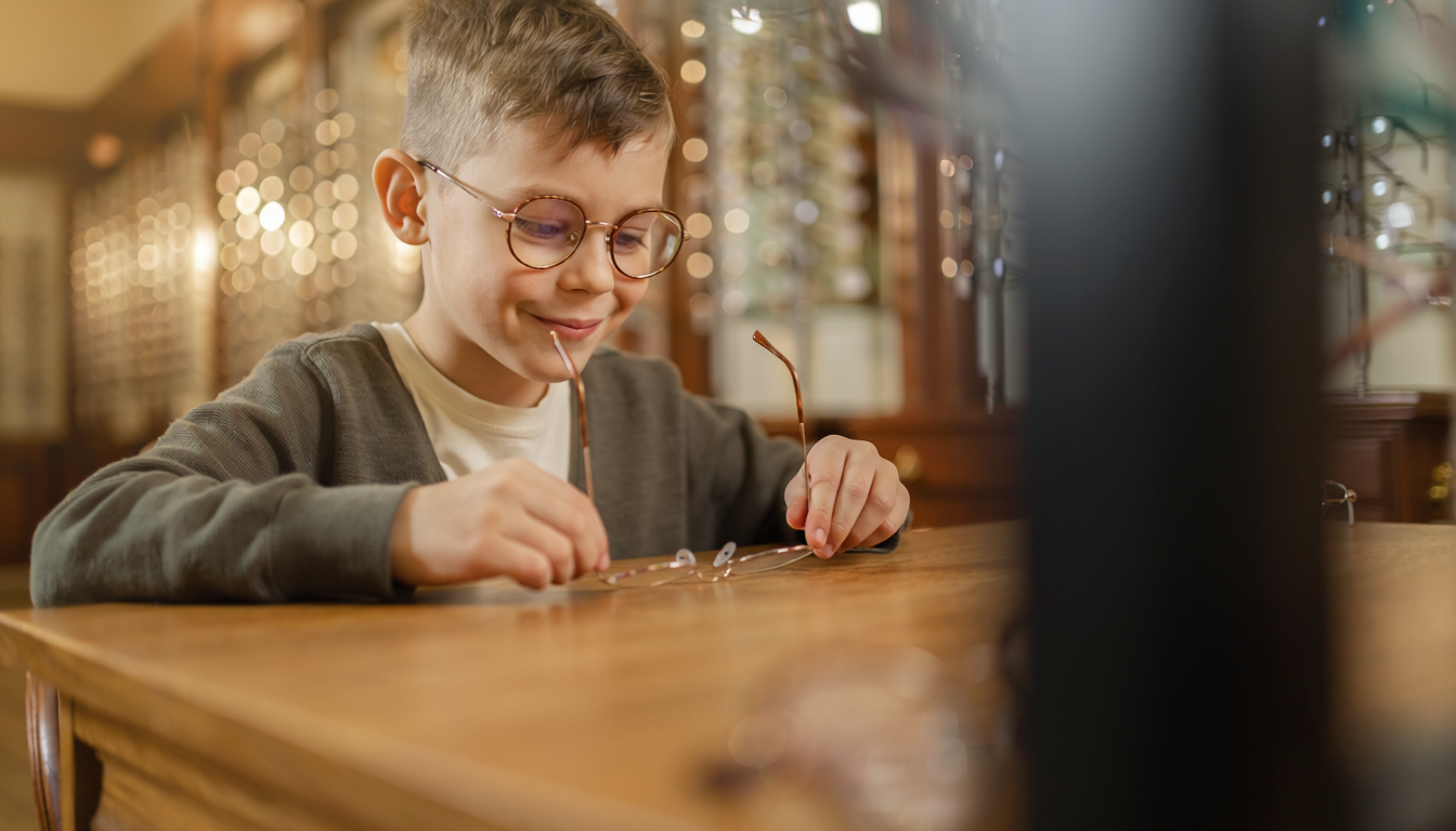 Young boy with glasses smiling and holding another pair of glasses at a wooden table indoors.