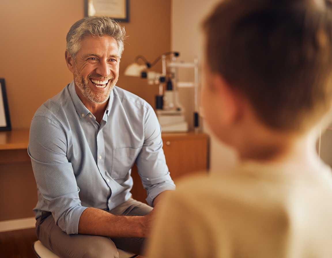 Smiling adult man talking to child in a cozy, warmly lit room.