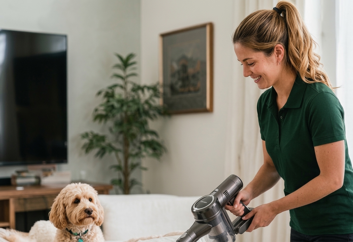 Woman vacuuming a couch while a small curly dog watches attentively.