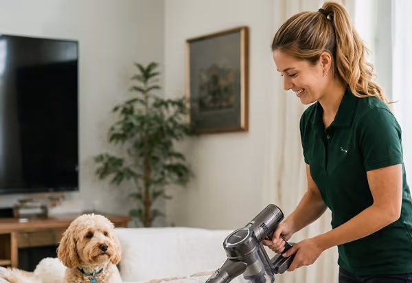 Woman vacuuming a couch while a small curly dog watches attentively.