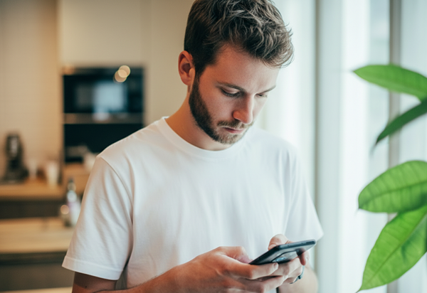 Young man in white t-shirt looking down at smartphone in a bright room with plants.