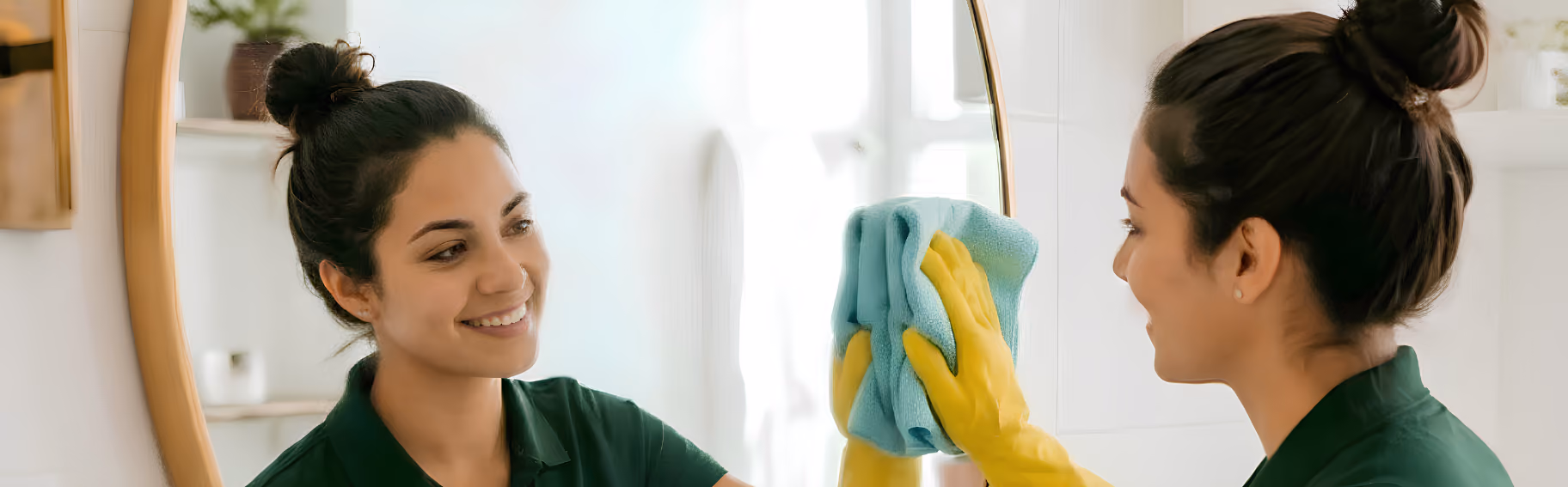 Woman wearing yellow gloves cleaning a mirror with a blue cloth, smiling at her reflection.