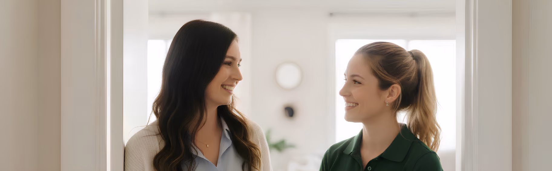 Two women smiling and facing each other in a bright, modern indoor space.