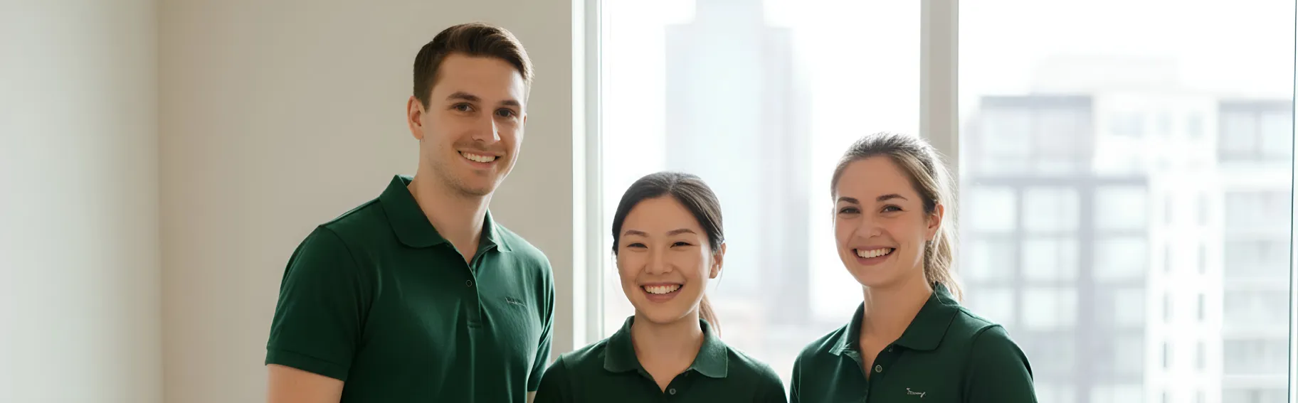 Three people in green shirts smiling indoors with cityscape visible through large window behind them.