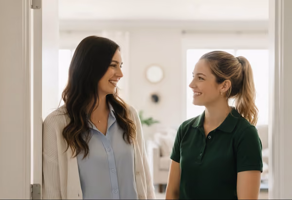 Two women smiling and talking indoors in a bright room with blurred background.