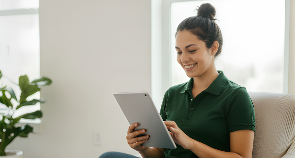 Woman sitting on a chair indoors, smiling and using a tablet device.