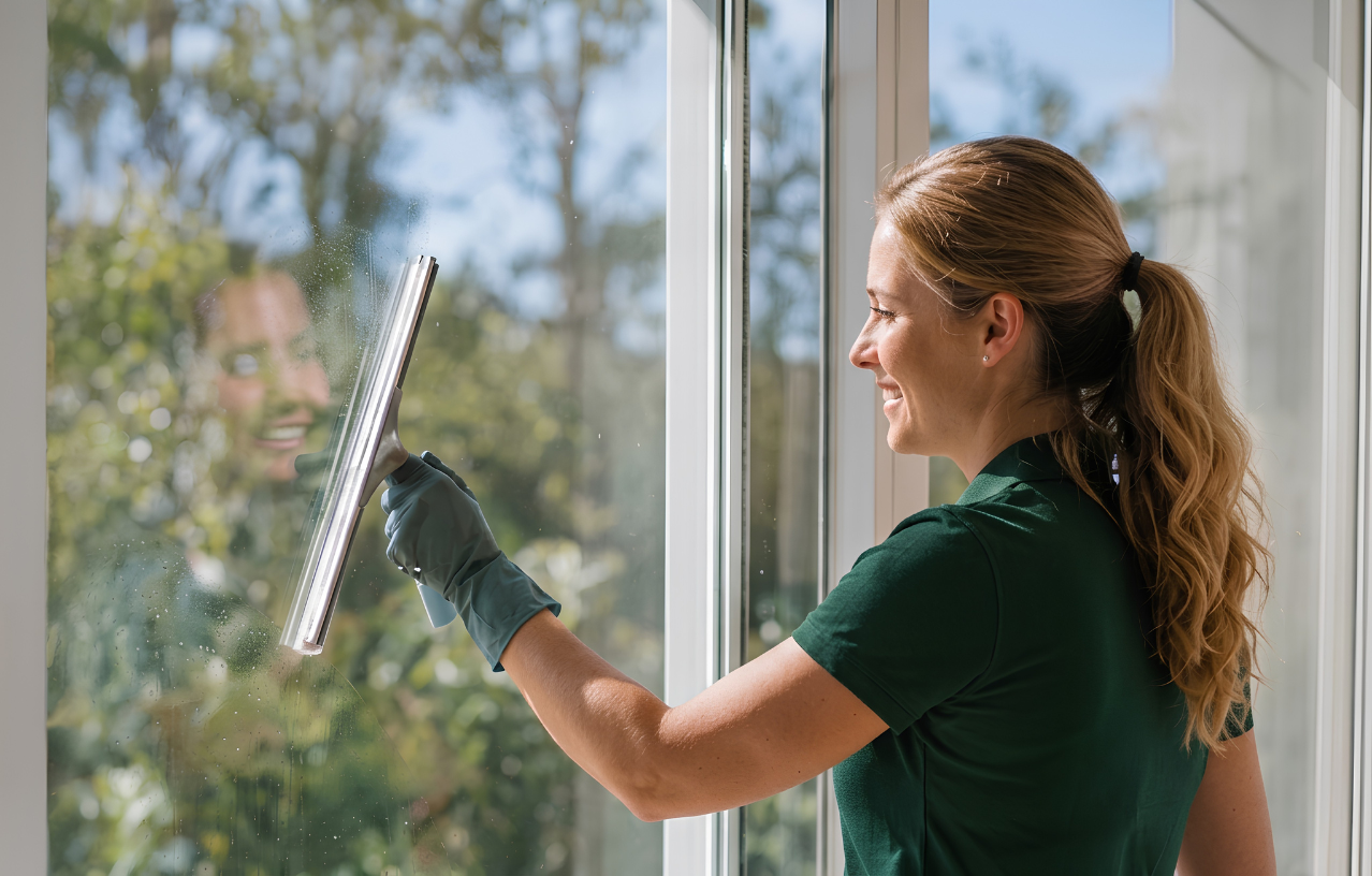 Woman smiling as she cleans a large window with a squeegee.