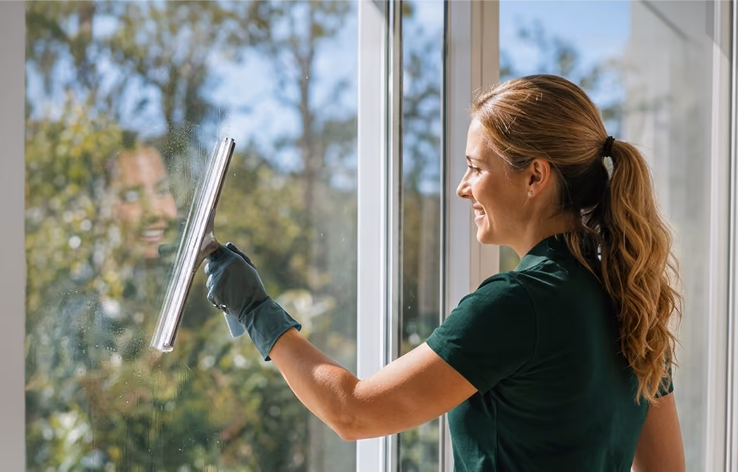 Woman smiling as she cleans a large window with a squeegee.