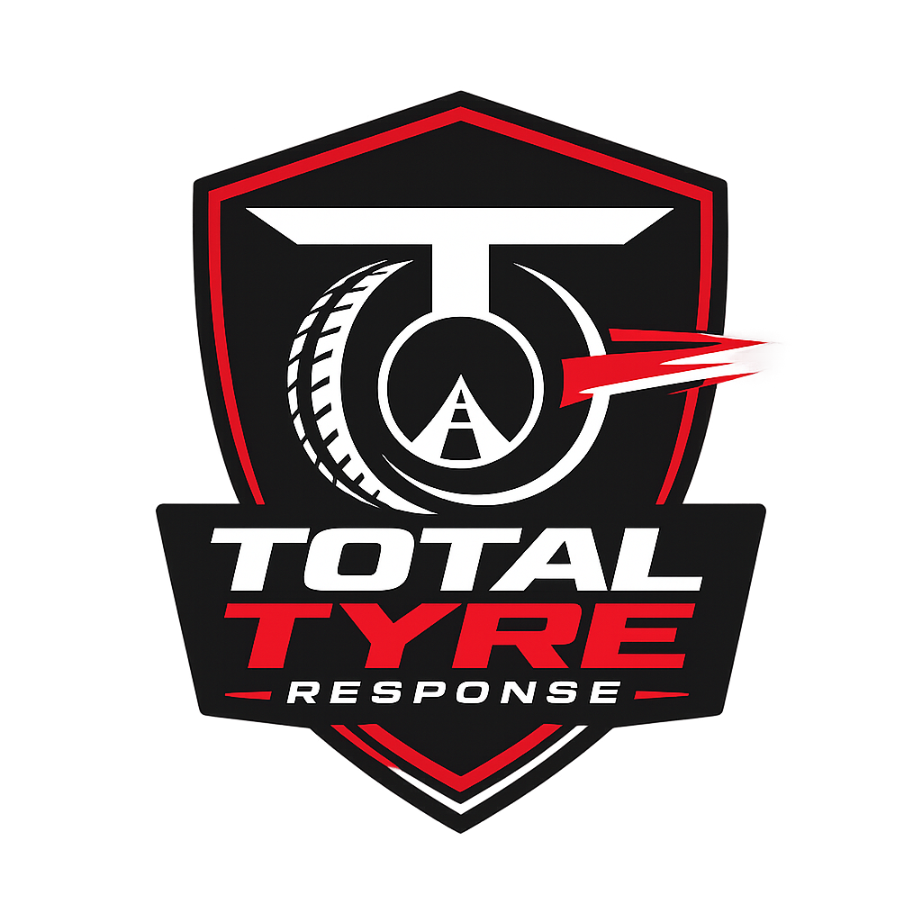 Total Tyre Response logo with stylized tire, road, and red speed streak on black shield background.