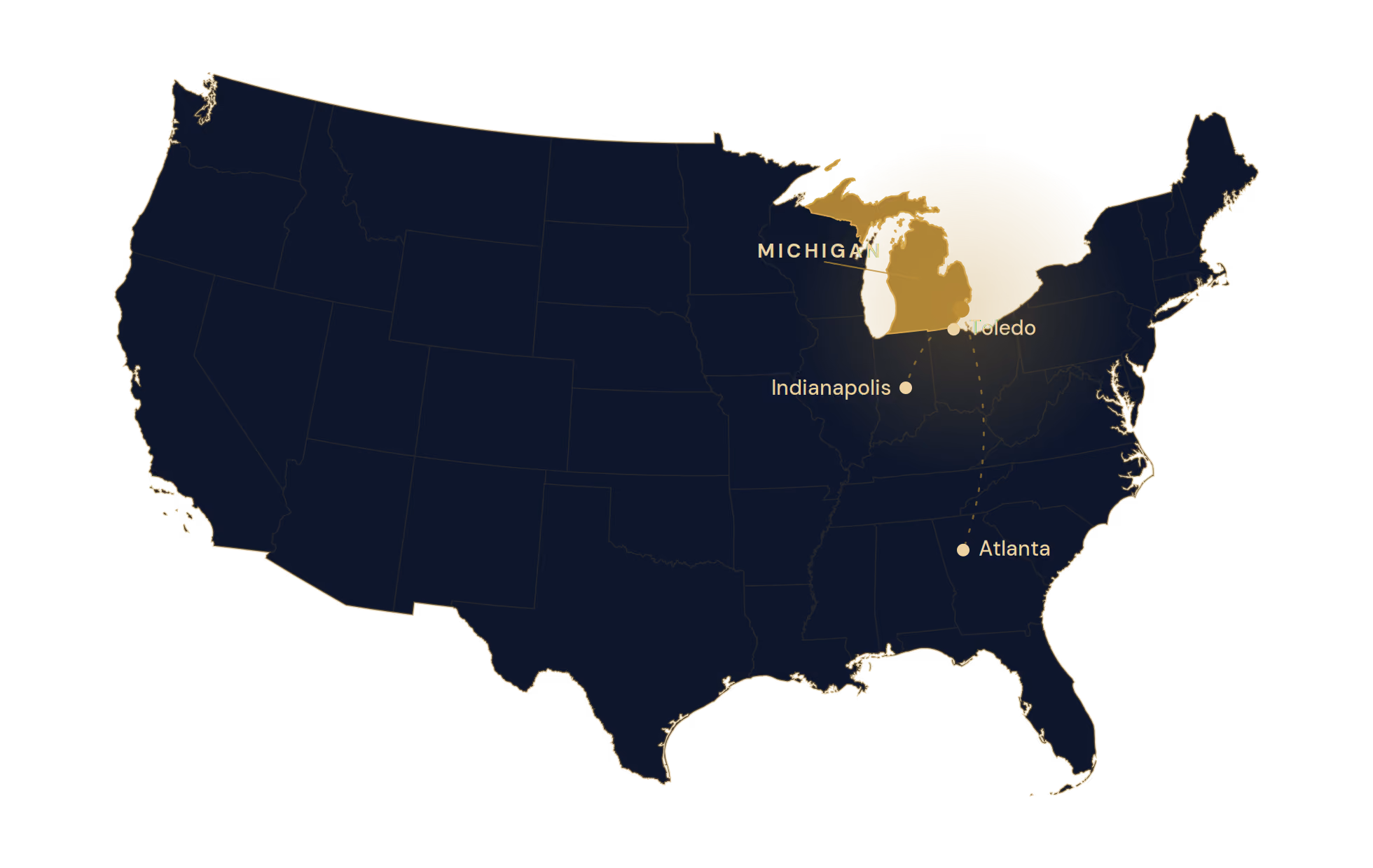Map of the United States with Michigan highlighted and markers on Indianapolis and Atlanta