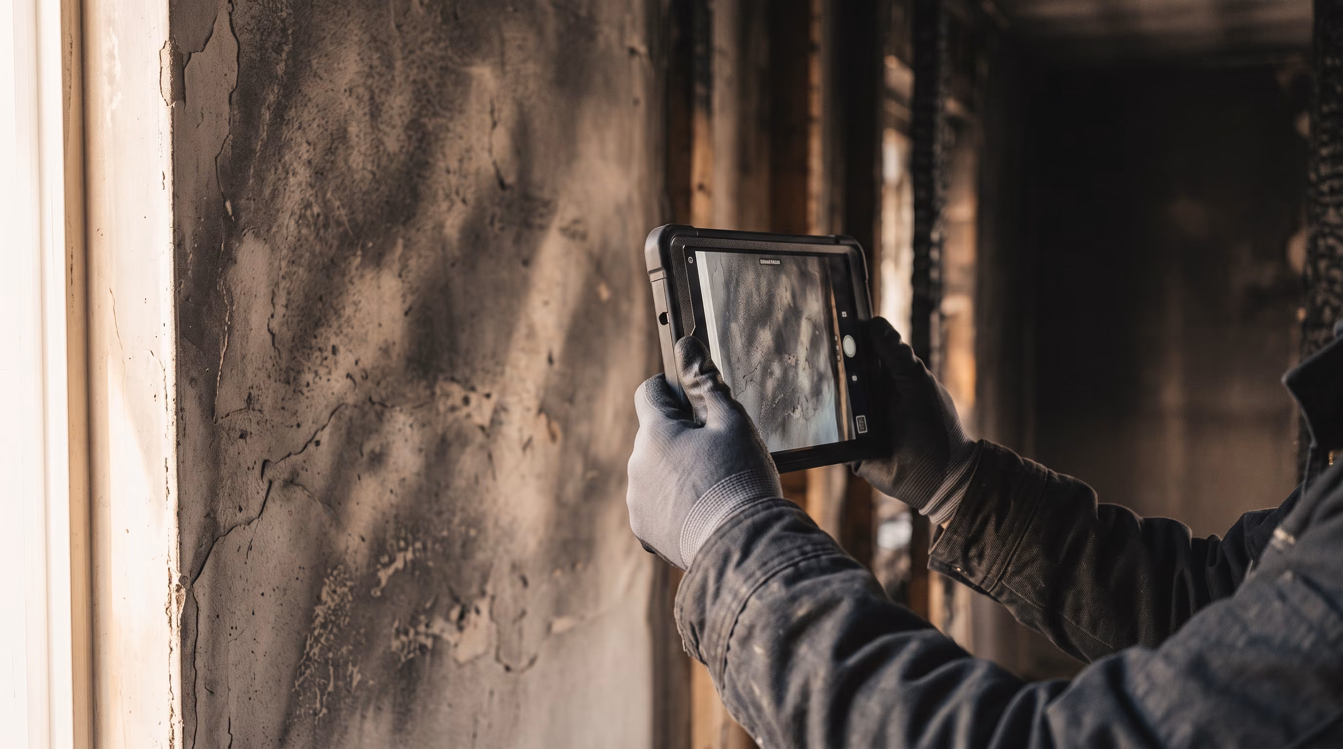 Adjuster photographing a fire-charred wall with a tablet