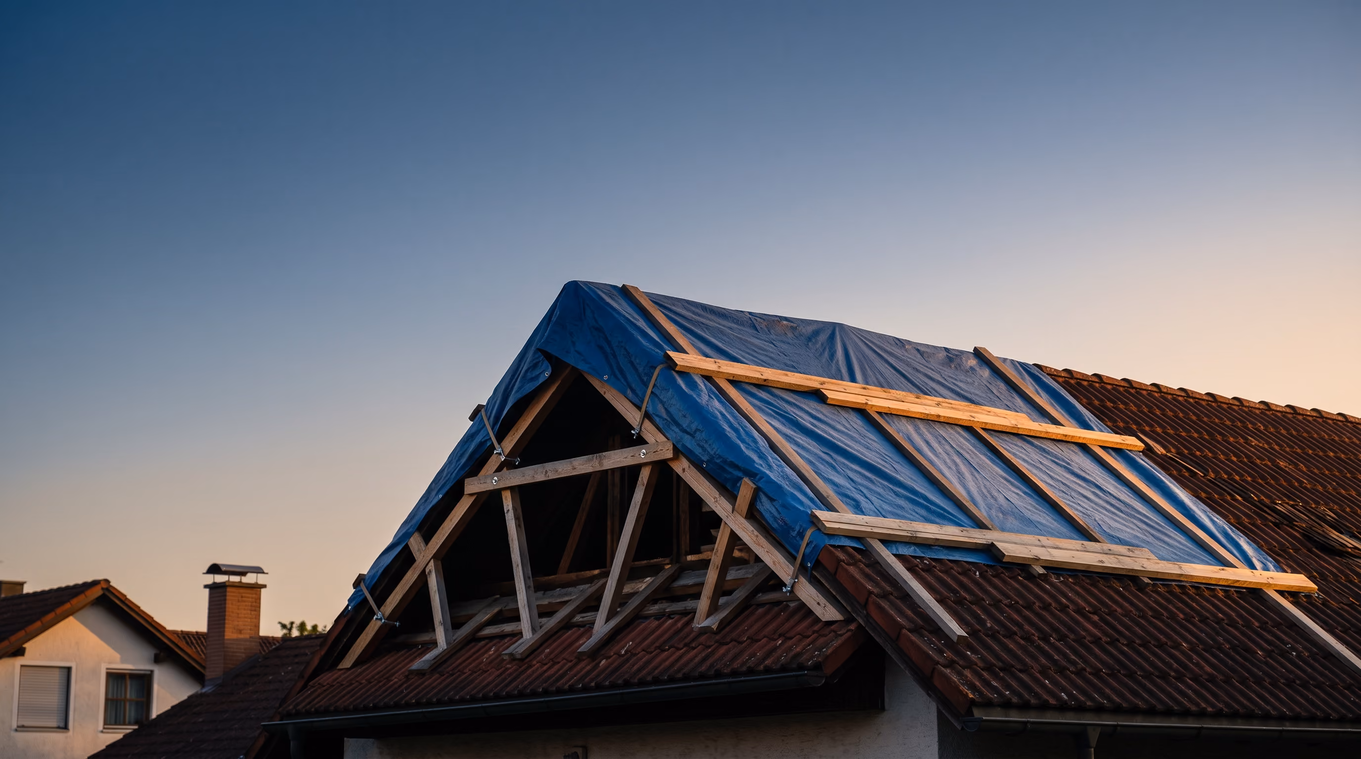 Exposed roof trusses on a house under repair at dusk