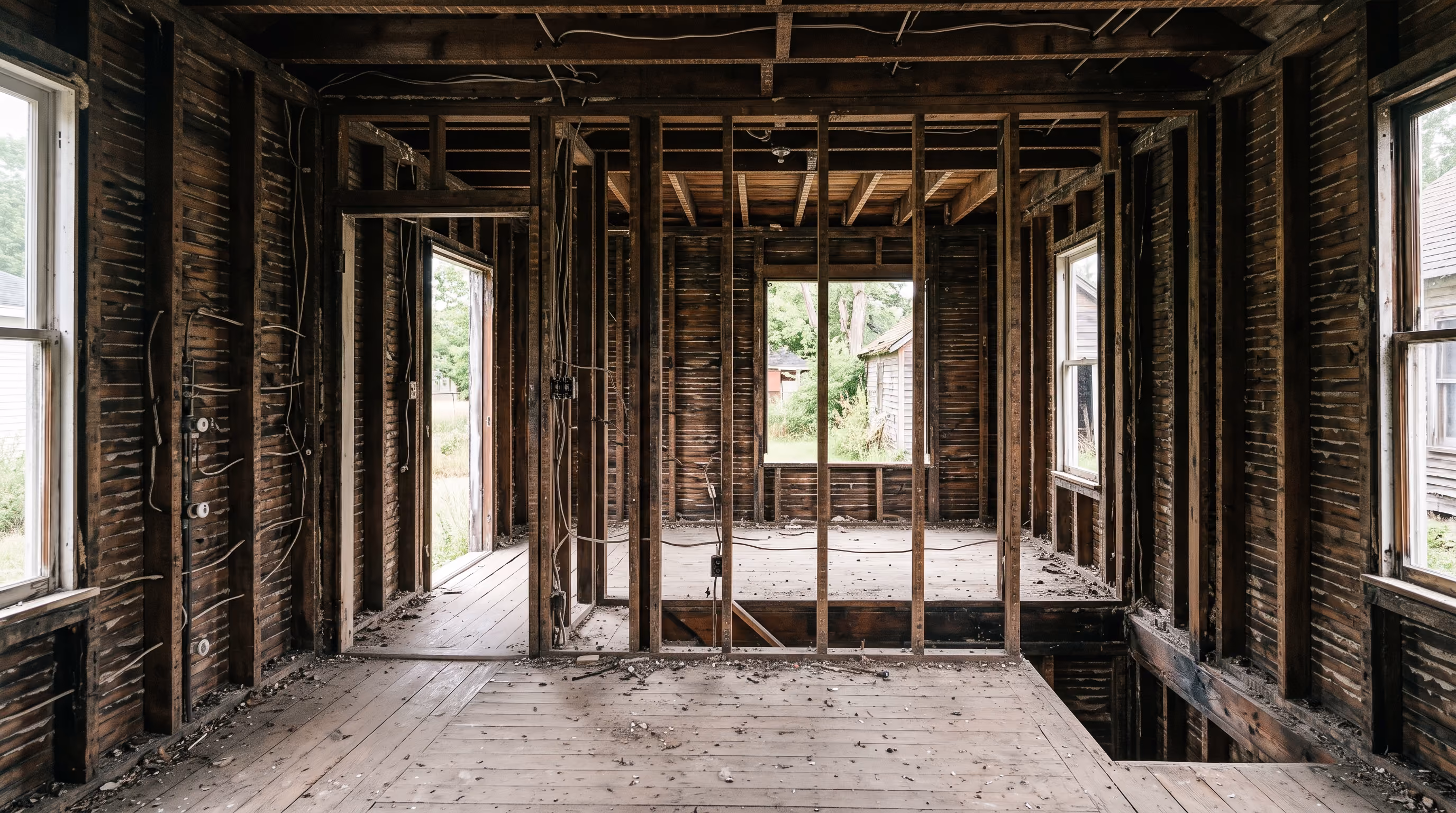 Gutted home interior stripped to framing after a fire