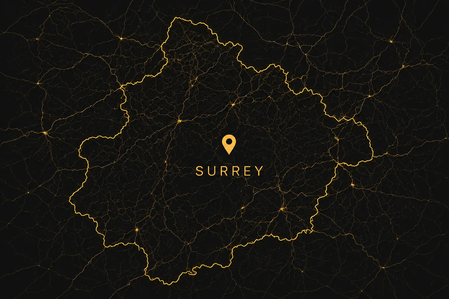 Map outline of Surrey with glowing yellow borders and road network on a dark background highlighting location.