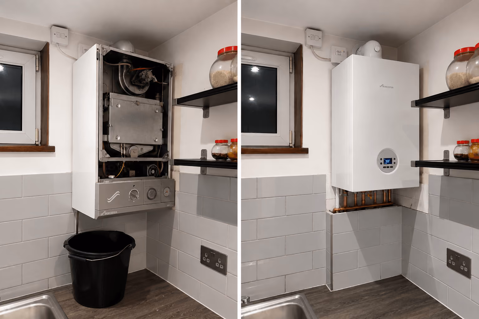 Side-by-side view of a wall-mounted boiler with cover removed and then with cover closed.