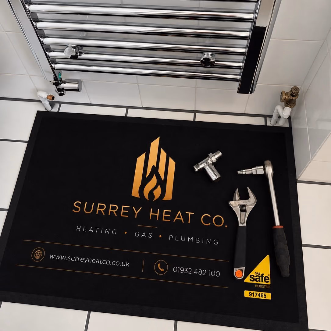 Heating tools on black Surrey Heat Co. mat under chrome towel warmer on white tiled floor.