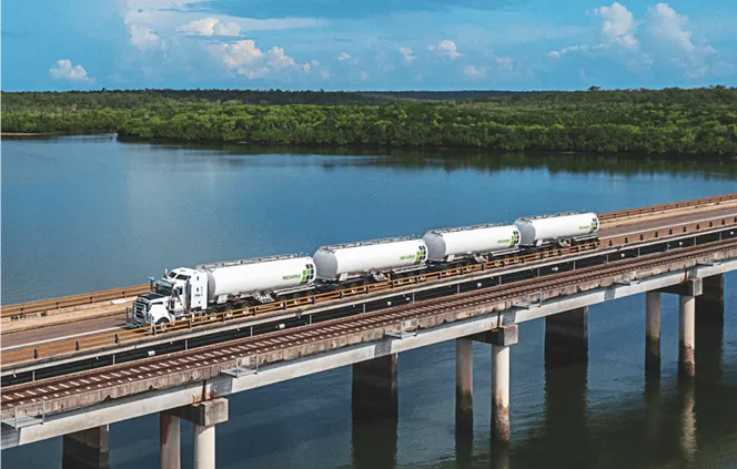 Fuel transport trucks crossing a bridge representing energy corridor logistics