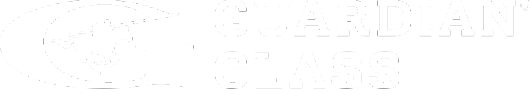Guardian Glass logo with a stylized G and a figure holding a spear inside the letter.
