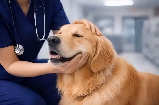 Veterinarian in blue scrubs gently holding and comforting a golden retriever dog.