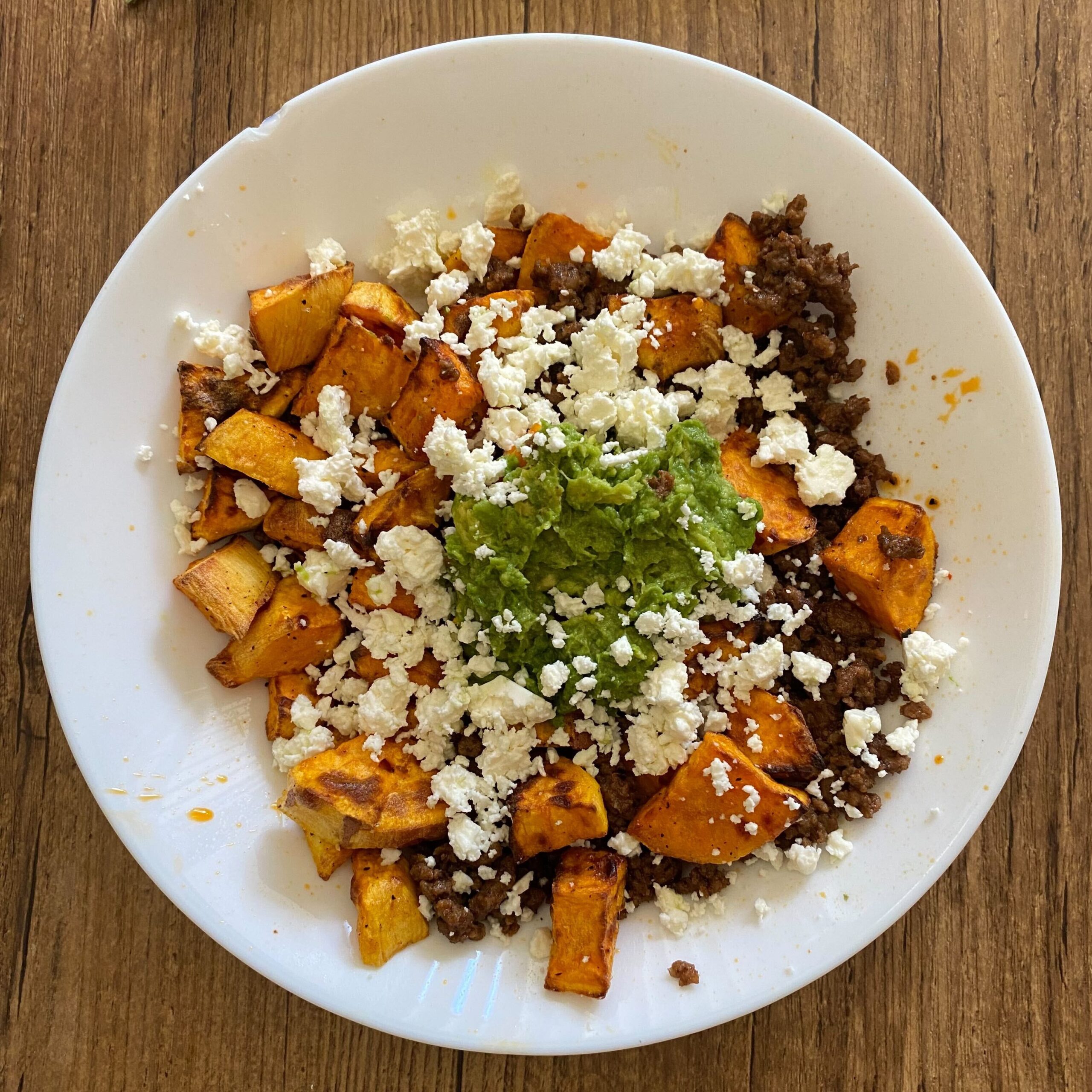 Ground beef with sweet potato, feta and avocado