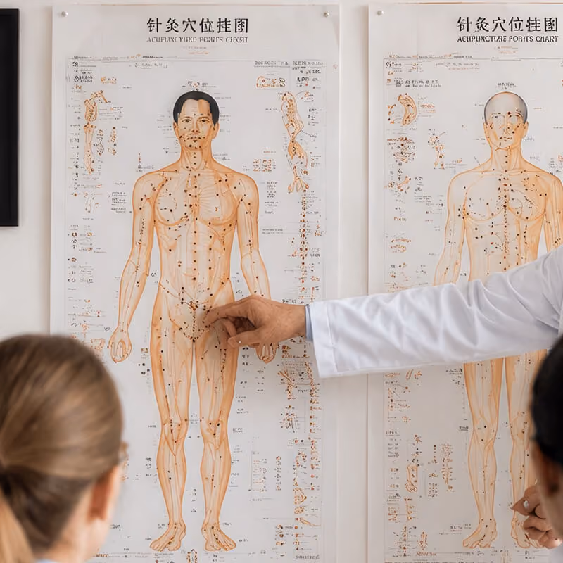 Médecin préparant une aiguille d’acupuncture dans un cabinet médical.