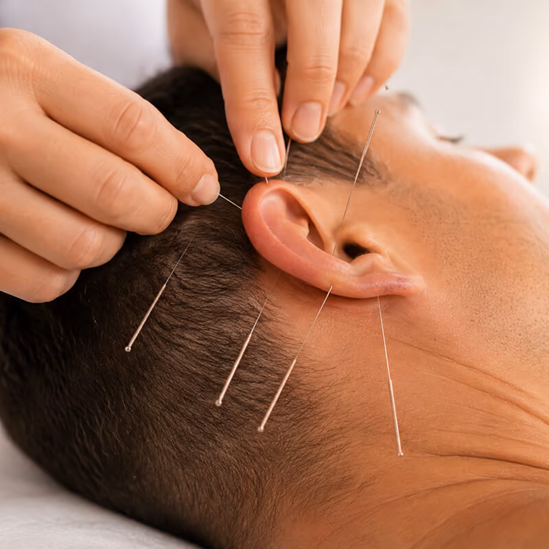 Médecin préparant une séance d’acupuncture dans un cabinet médical.