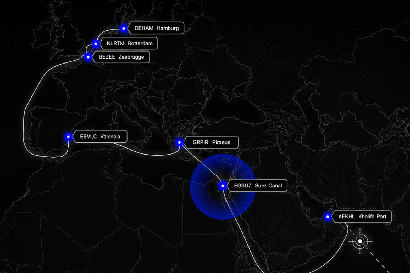 Map showing cable route with points in Hamburg, Rotterdam, Zeebrugge, Valencia, Piraeus, Suez Canal, and Khalifa Port.