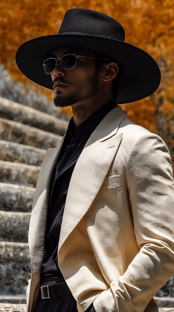 Man in black wide-brim hat, sunglasses, beige suit jacket, and black shirt standing by stone steps.