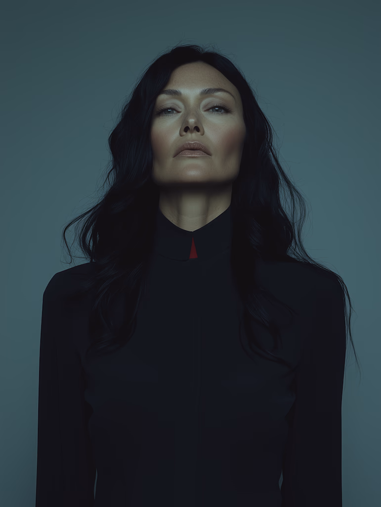 Woman with long dark hair wearing a black outfit, looking straight ahead against a muted background.