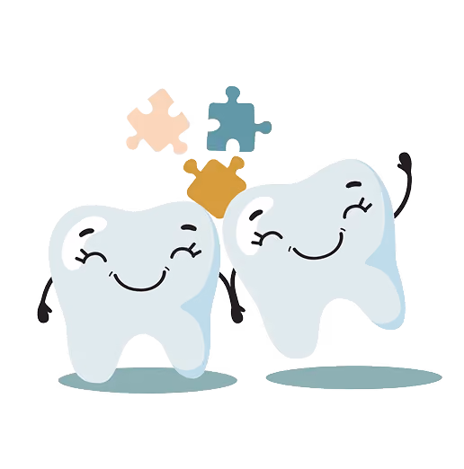 Two smiling cartoon teeth holding puzzle pieces, symbolizing dental care or teamwork.