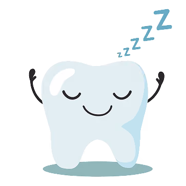 Cartoon tooth with closed eyes and smile, arms raised, and sleeping Z's above it.