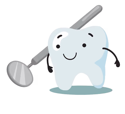 Cartoon smiling tooth character holding a dental mirror on a white background.