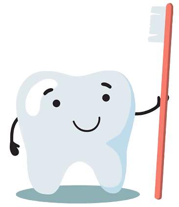 Cartoon tooth with arms holding a tall red toothbrush on a white background.