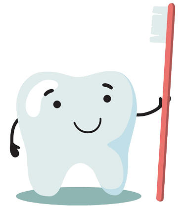 Cartoon tooth with arms holding a tall red toothbrush on a white background.